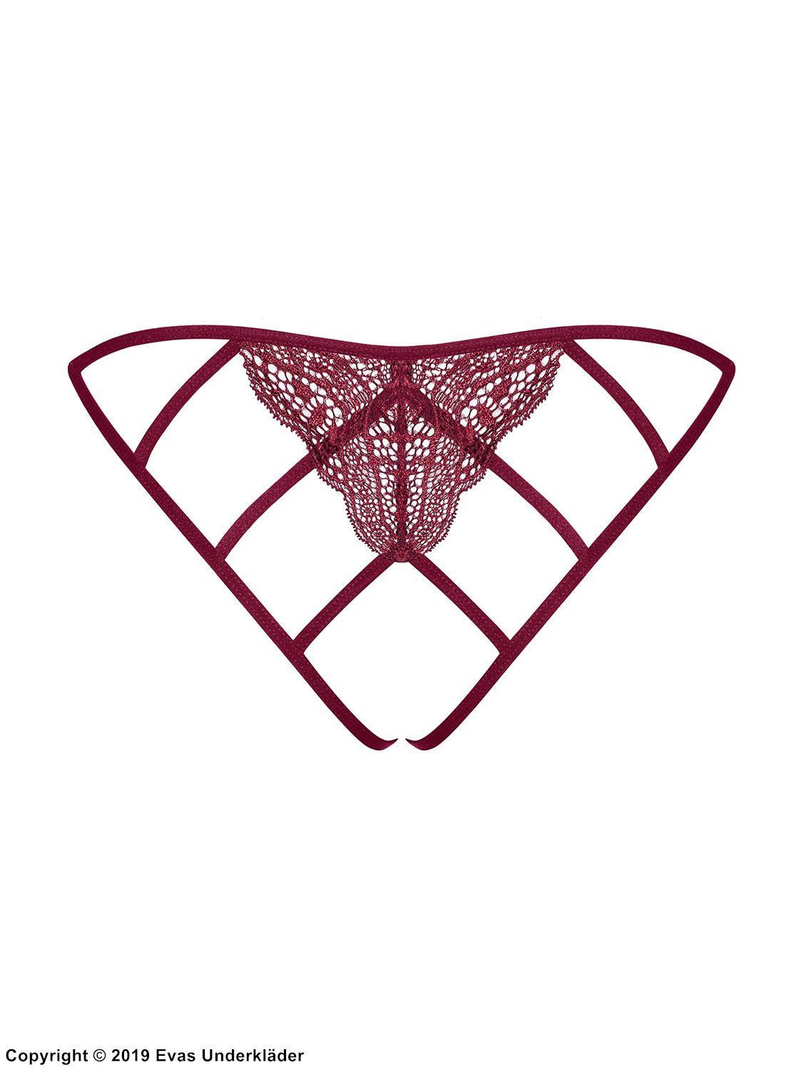 Crotchless panties, openwork lace, thin straps